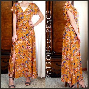 Patrons of Peace  Golden mustard yellow floral Maxi faux wrap short sleeve dress
